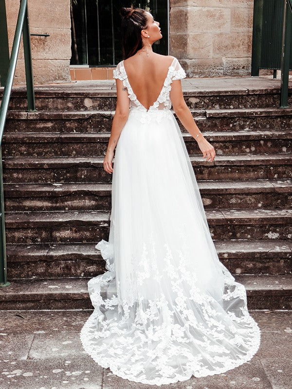 Wholesale A-Line/Princess Sleeveless Applique V-neck Tulle Sweep/Brush Train Wedding Dresses